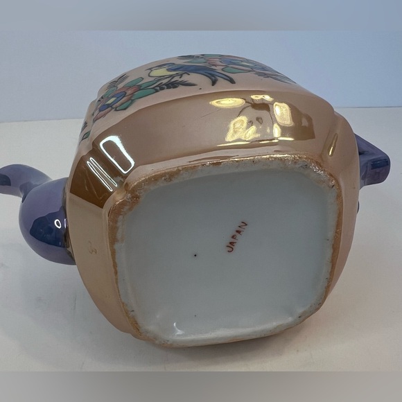 Vintage Lusterware tea pot Bird on Branch Floral Orange and Blue decor c. 1950s - Picture 8 of 11